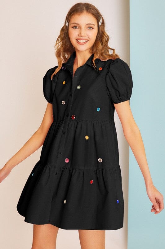 Colored Stone Tiered Poplin Dress Blue B 