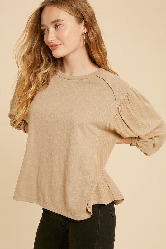 Contrast Puff Sleeve Top In Loom 