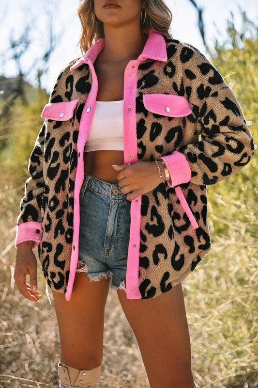 Contrast Trimmed Leopard Teddy Shacket Shewin 