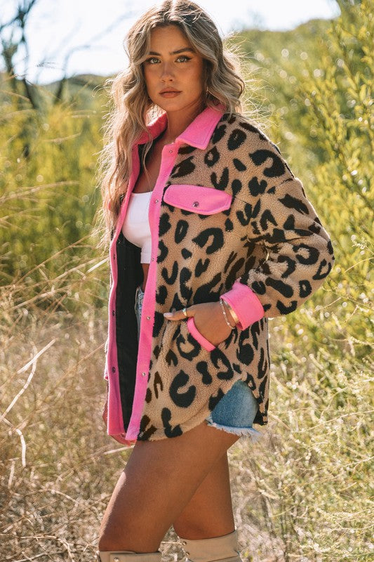 Contrast Trimmed Leopard Teddy Shacket Shewin 