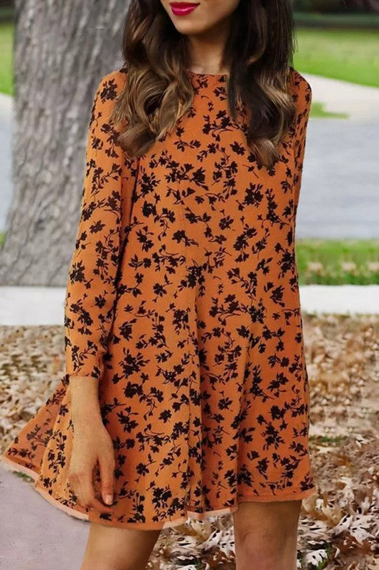 Copper and Black Floral Swing Dress Kentce 