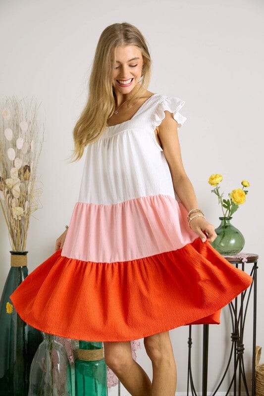 Coral and White Tiered COlorblock Dress Adora 