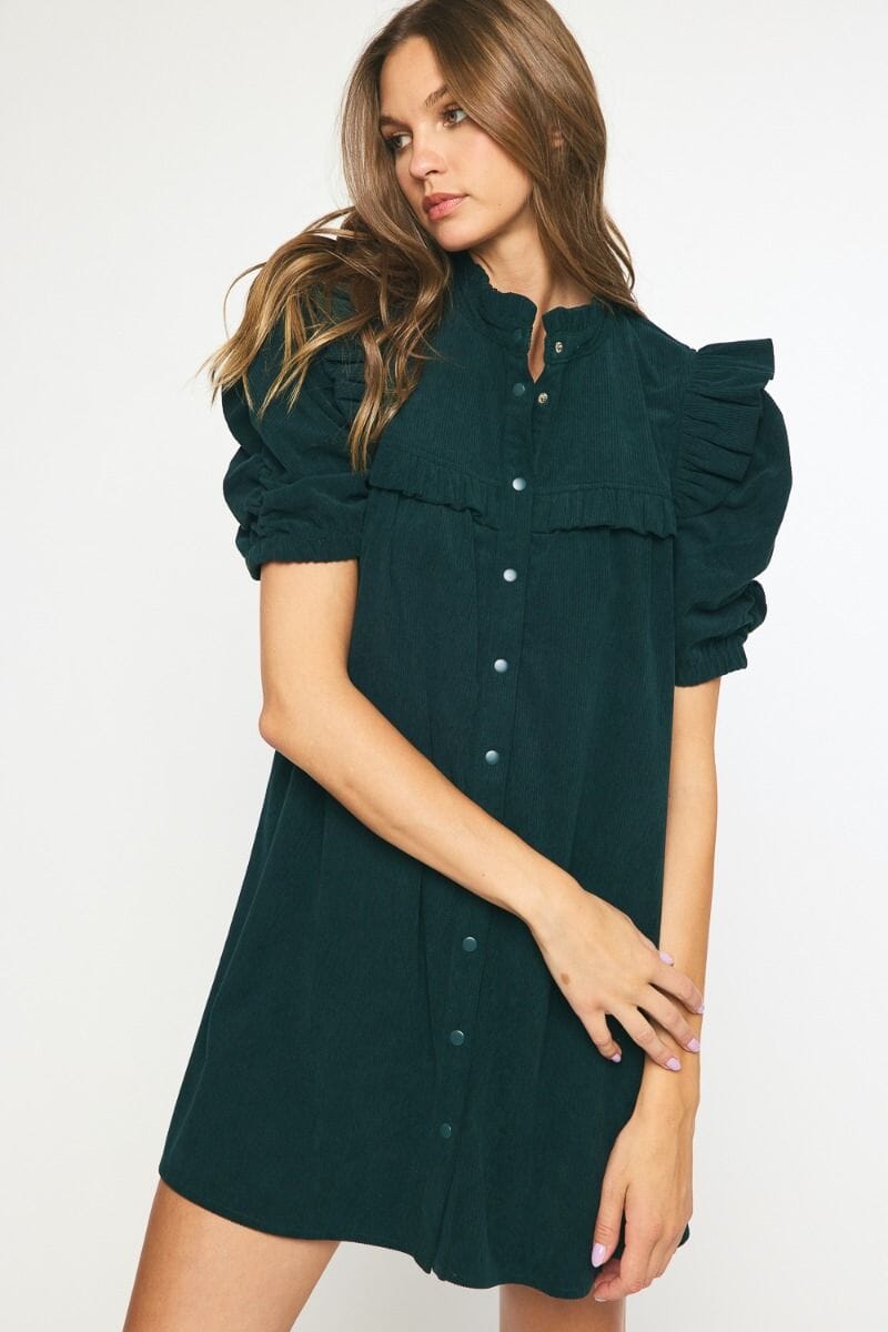 Corduroy Ruched Puff Sleeve Button Up Dress entro 