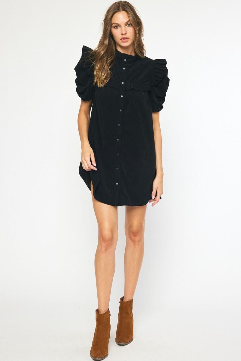 Corduroy Ruched Puff Sleeve Button Up Dress entro 