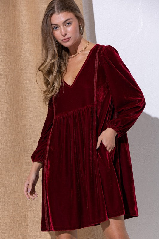 Cranberry Velvet Dress with Lattice Detail cozy co. 