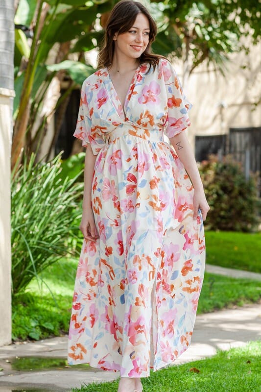 Cream Floral V Neck Maxi Shewin 