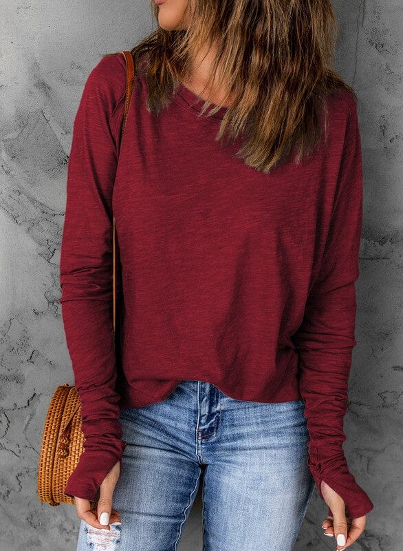 Crew Neck Thumb Hole Sleeve Top Shewin 