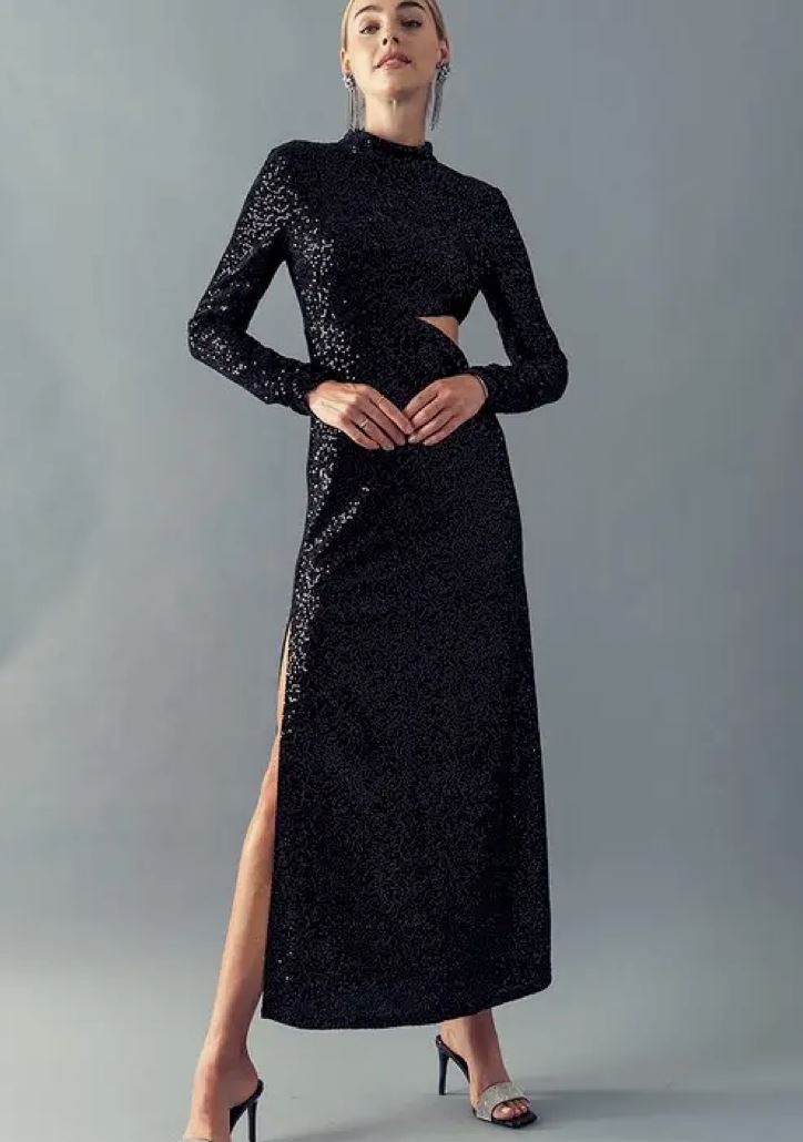 Dazzling Glitter Waist Cut Out Long Sleeve Dress Urban Daizy 