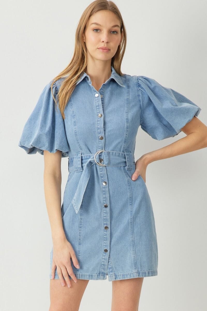 Denim Belted Puff Sleeve Dress entro 