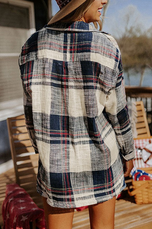 Distressed Raw Edge Plaid Print Shirt Kentce 