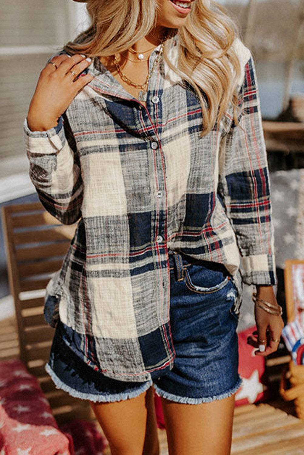 Distressed Raw Edge Plaid Print Shirt Kentce 