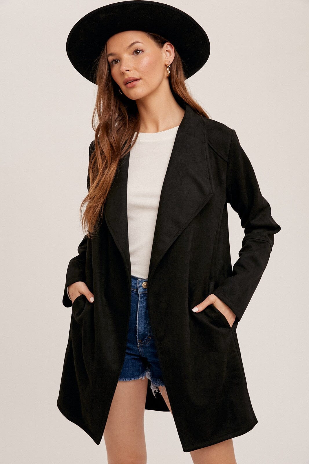 DRAPE FRONT SHAWL COLLAR SUEDE COAT WITH POCKETS Hem & Thread 