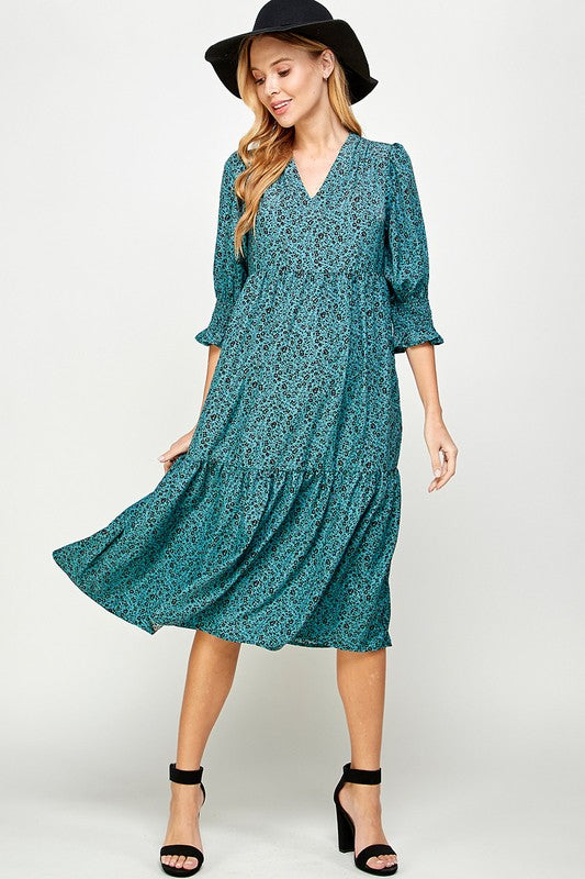 Emerald Floral Smocked Puff Sleeve Midi Solution 