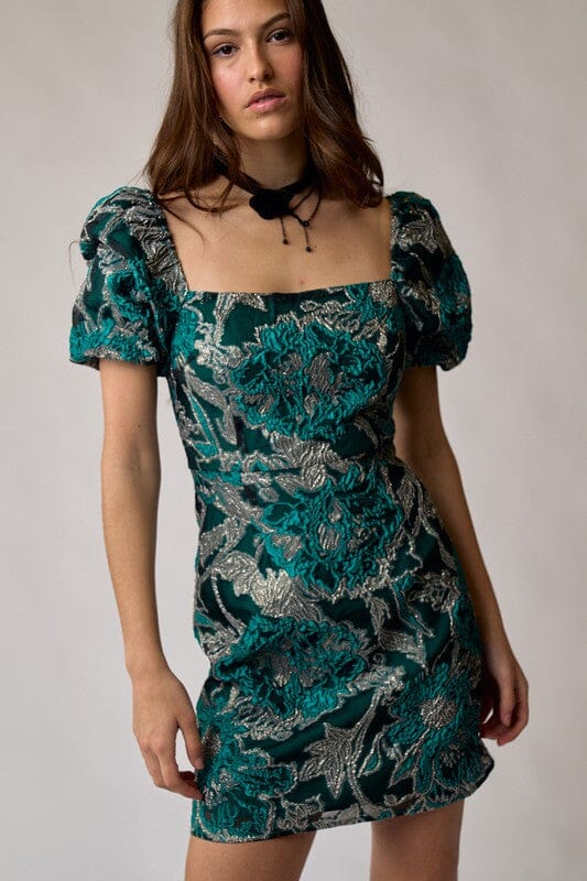 Emerald Puff Sleeve Embroidered Floral Dress lalavon 