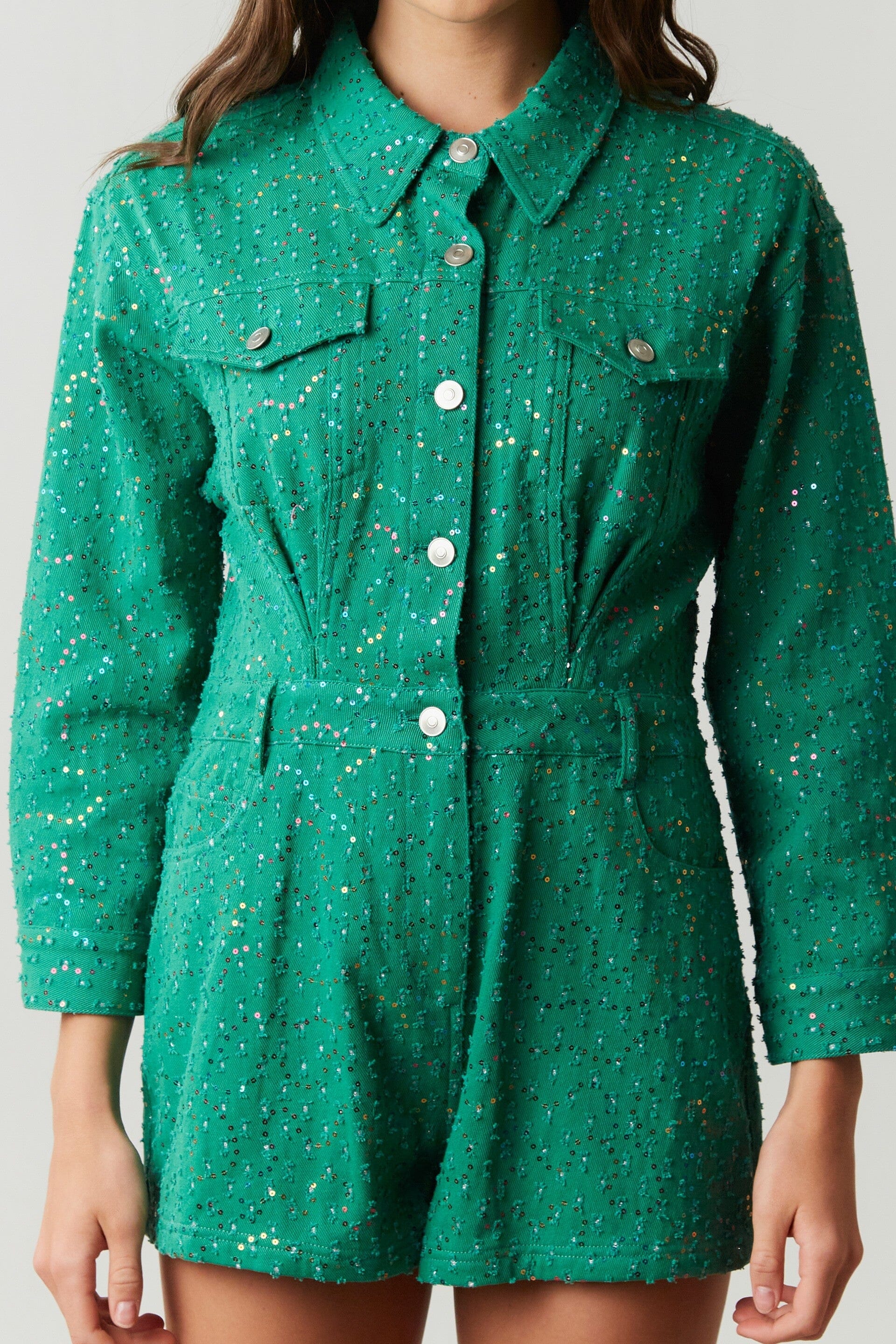 Emerald Sequin Utility Romper peach love california 