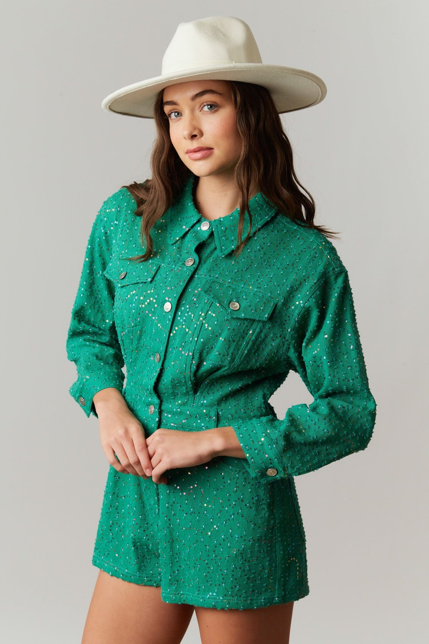 Emerald Sequin Utility Romper peach love california 