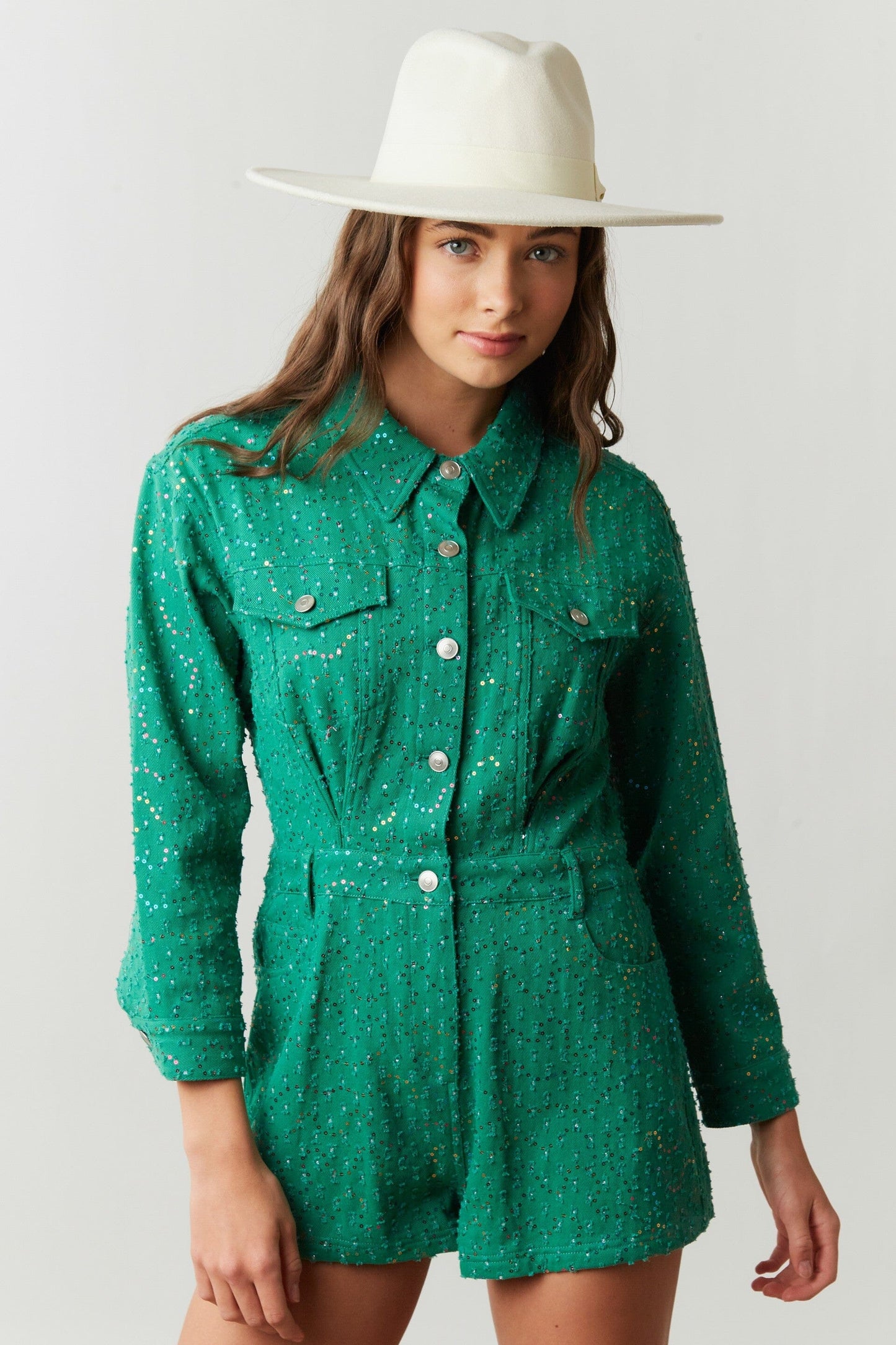 Emerald Sequin Utility Romper peach love california 