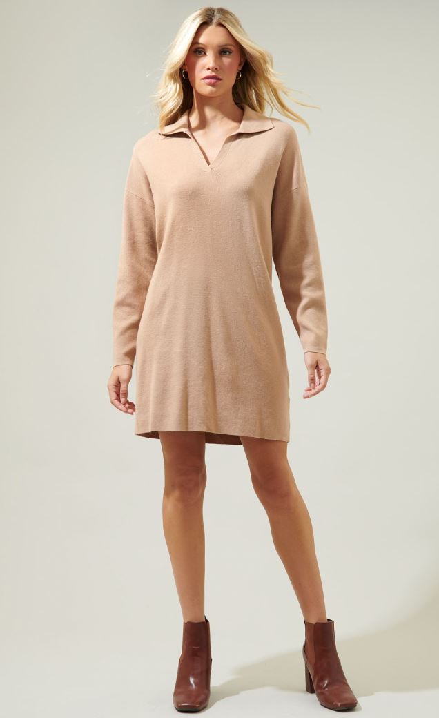 Emerla Relaxed Collared Sweater Dress Sugarlips 