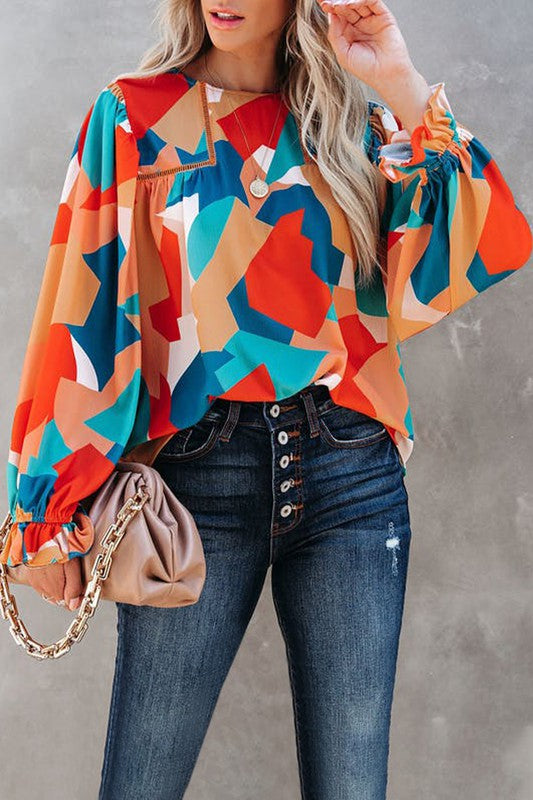 Fall Abstract Bubble Sleeve Top Shewin 