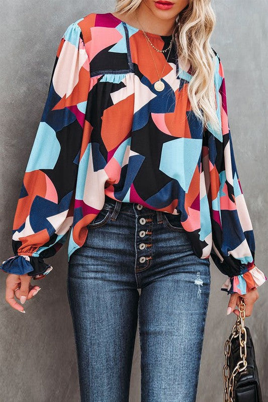 Fall Abstract Bubble Sleeve Top Shewin 