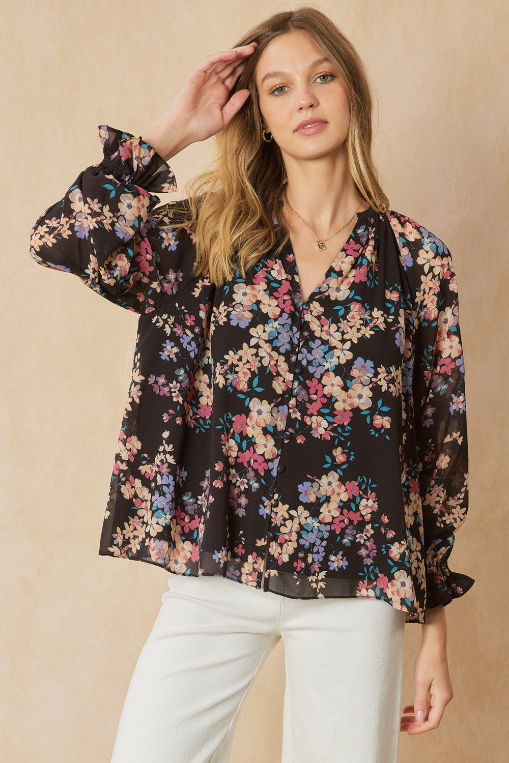 Fall Floral Button Front Blouse entro 