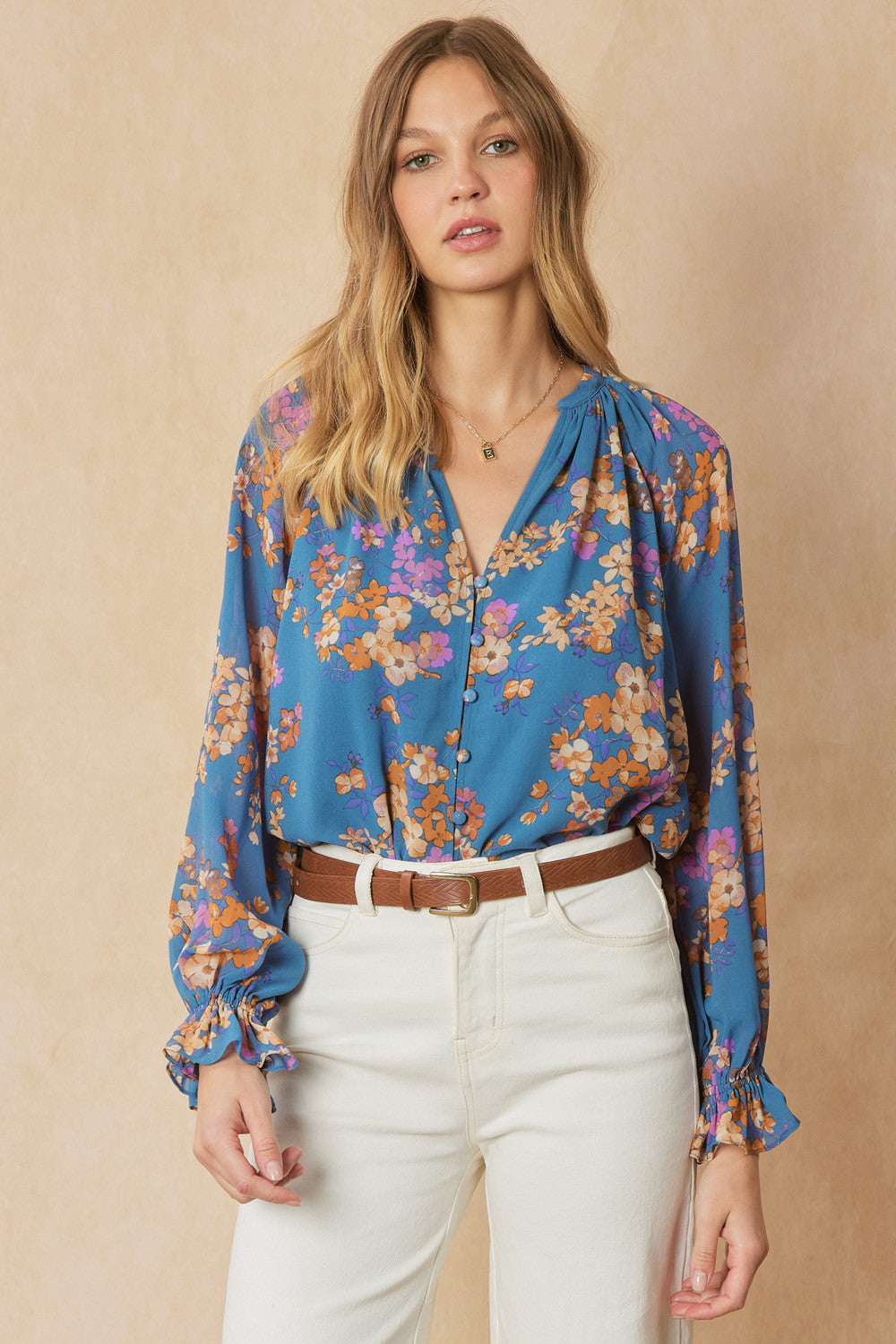 Fall Floral Button Front Blouse entro 