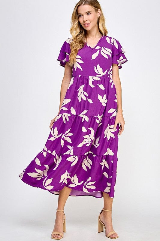 Fall Floral Ruffle Sleeve Midi 2 hearts 