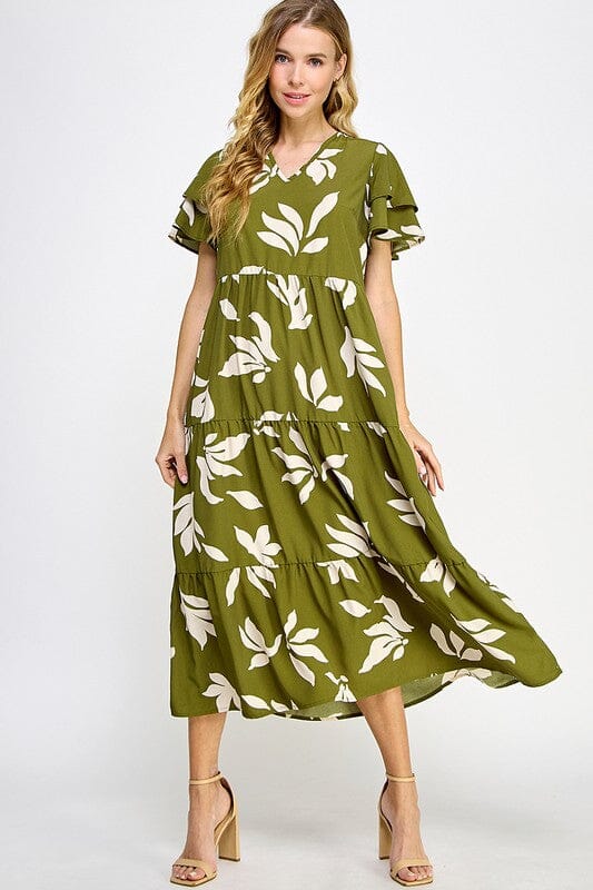 Fall Floral Ruffle Sleeve Midi 2 hearts 