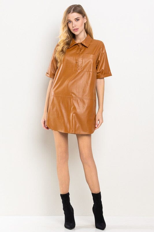 Faux Leather Popover Collared Dress TCEC 