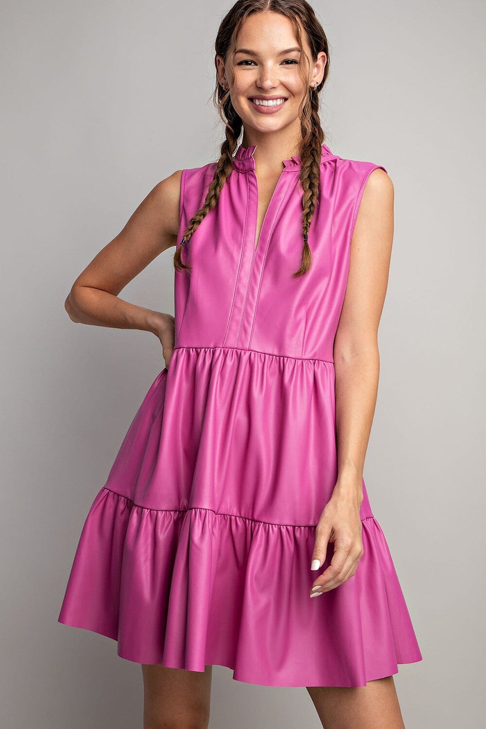 Faux Sleeveless Tiered Faux Leather Dress Eesome 