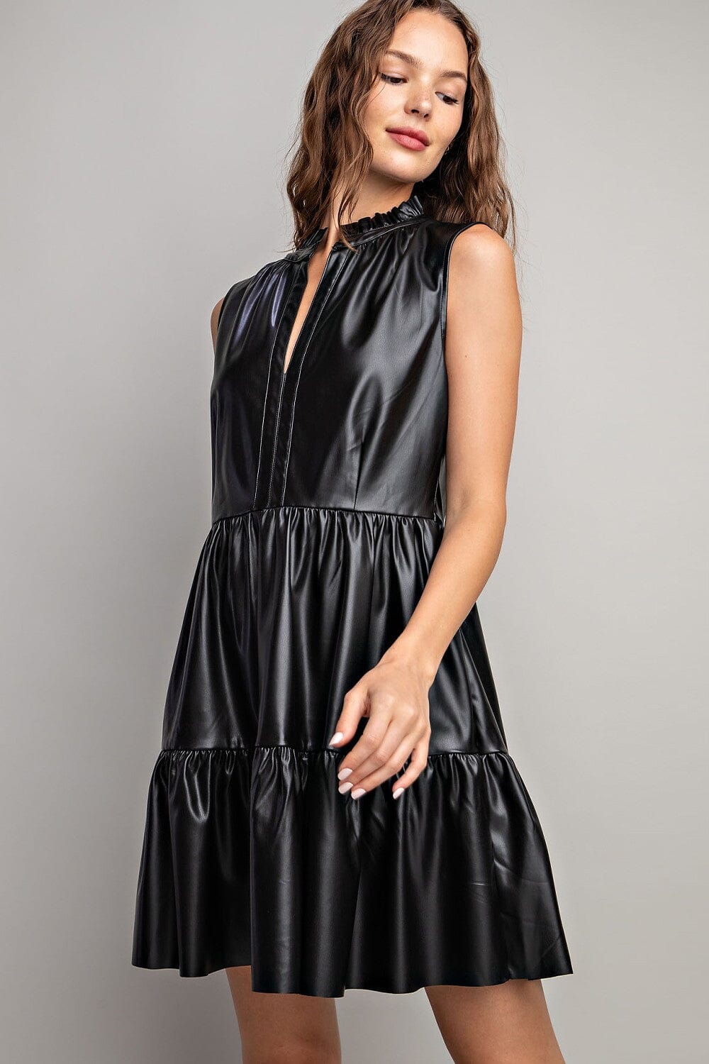 Faux Sleeveless Tiered Faux Leather Dress Eesome 