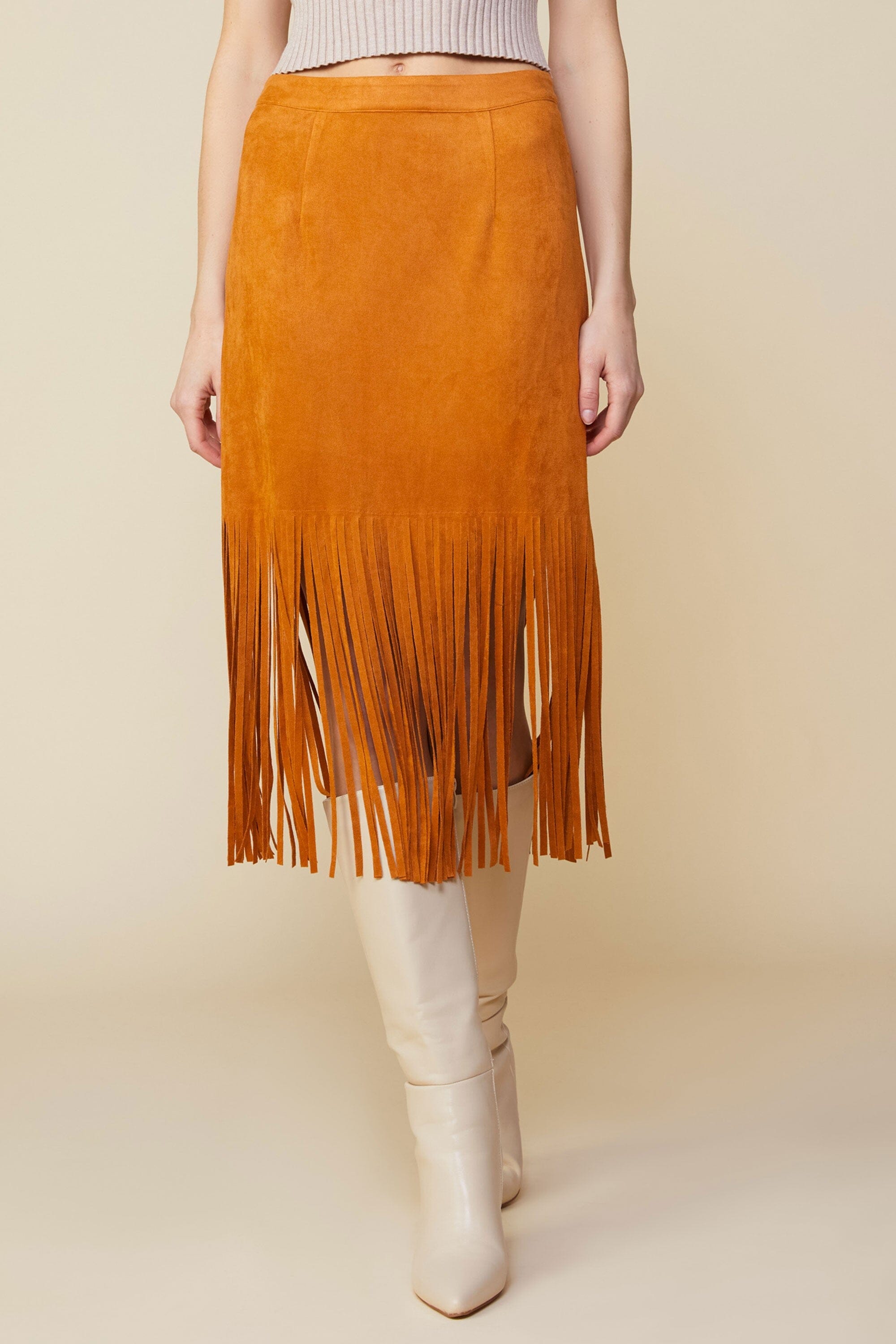 FAUX SUEDE FRINGE MIDI SKIRT skies are blue 