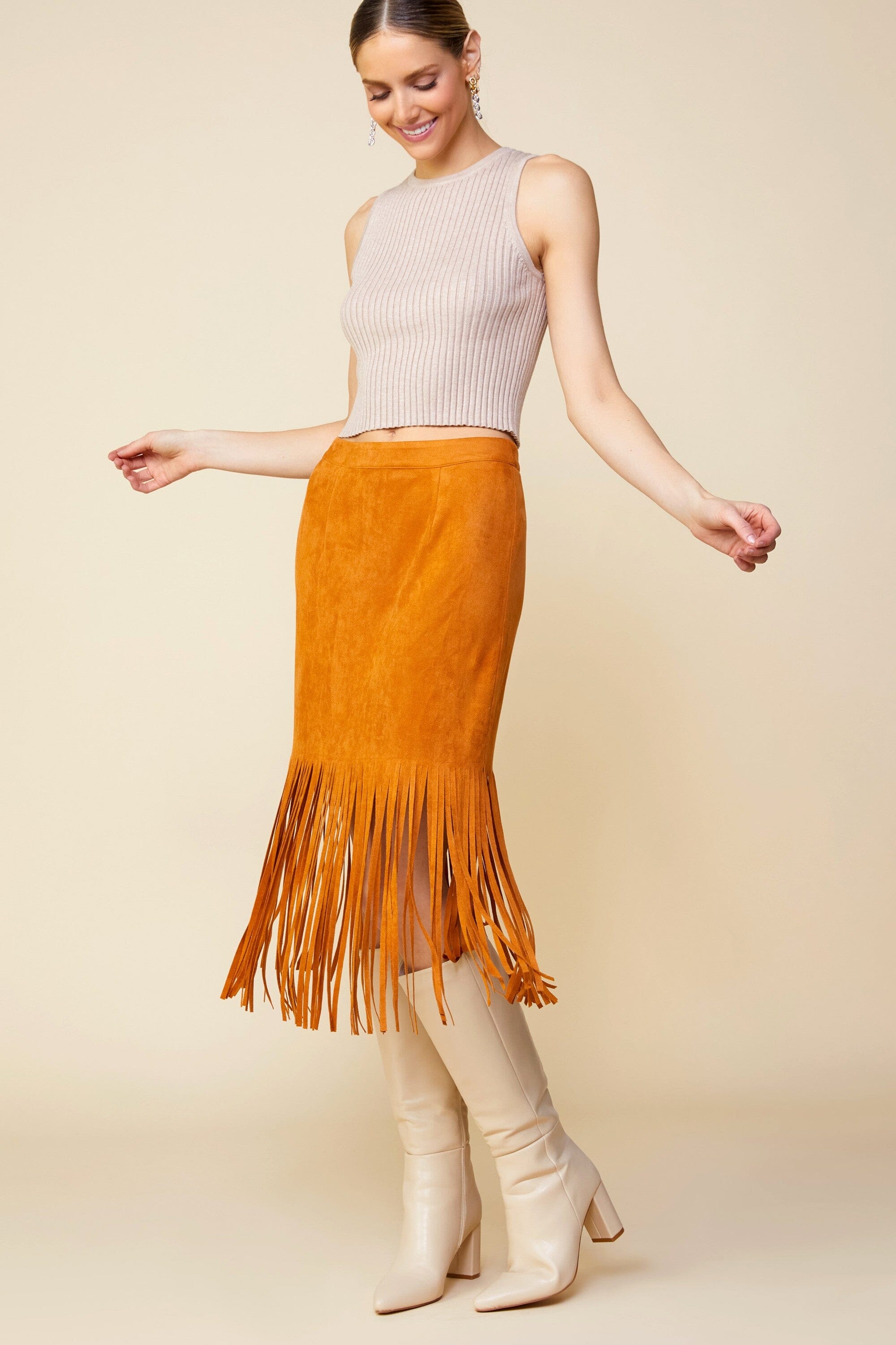 FAUX SUEDE FRINGE MIDI SKIRT skies are blue 