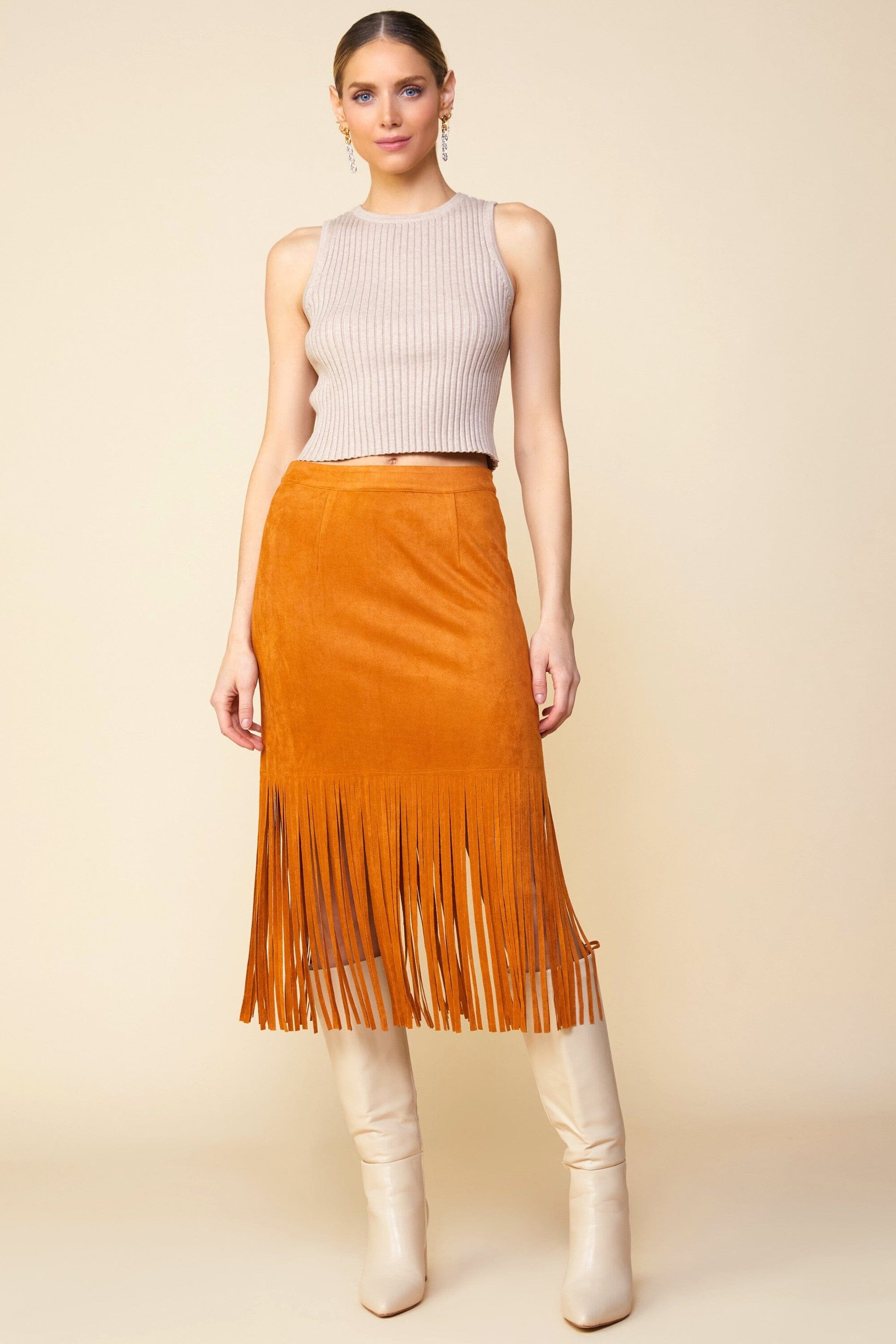 FAUX SUEDE FRINGE MIDI SKIRT skies are blue 