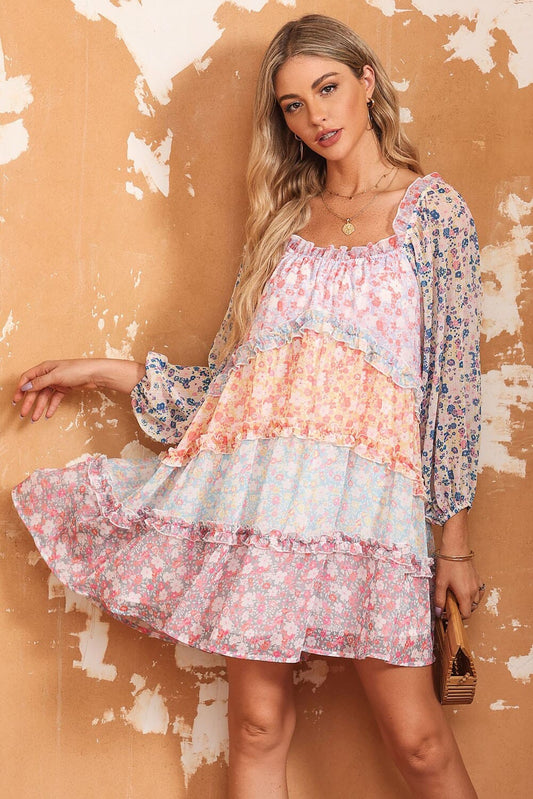 Floral Colorblock Tiered Puff Sleeve Dress shiying 