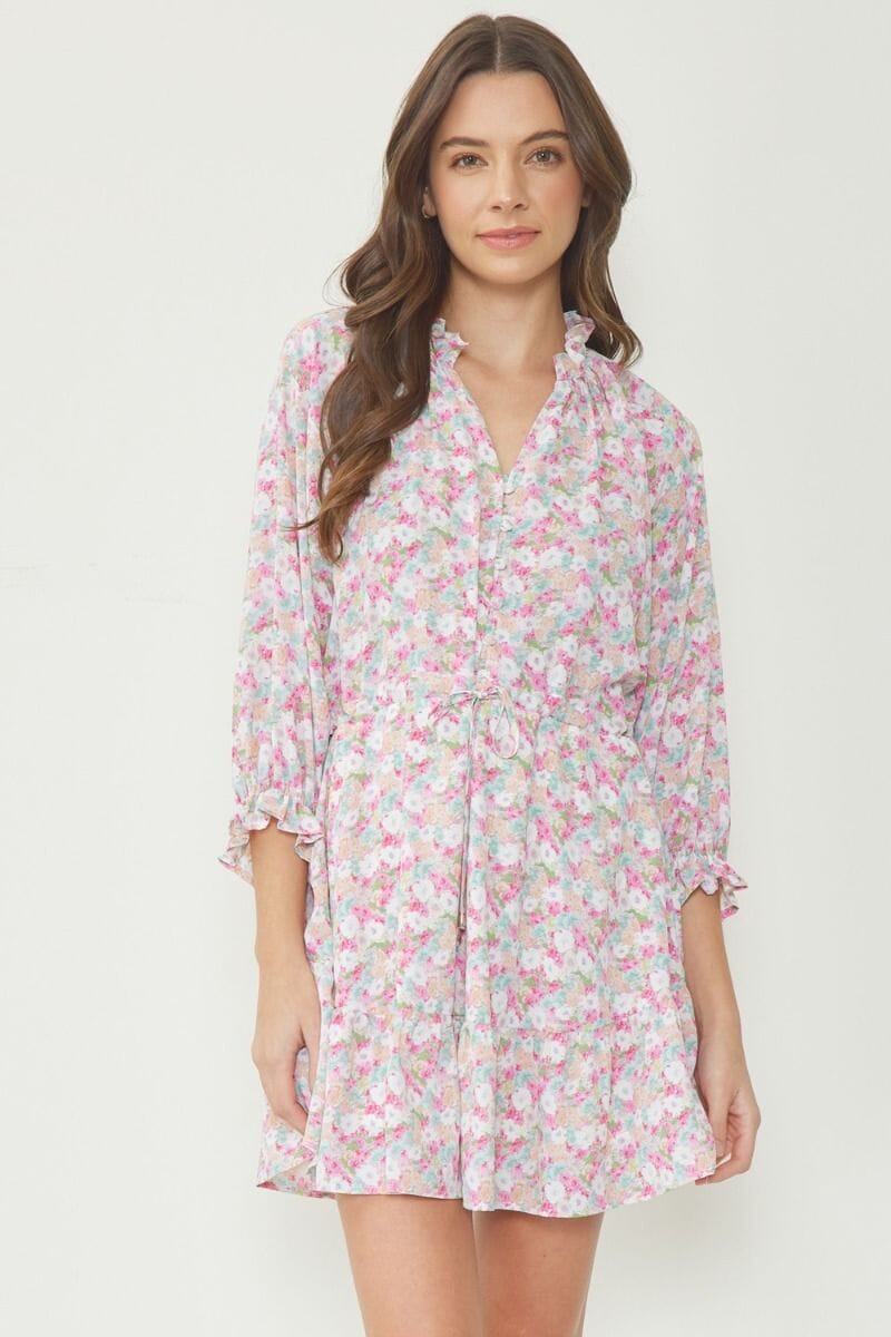 Floral Henley Dress with Drawstring Waist entro 