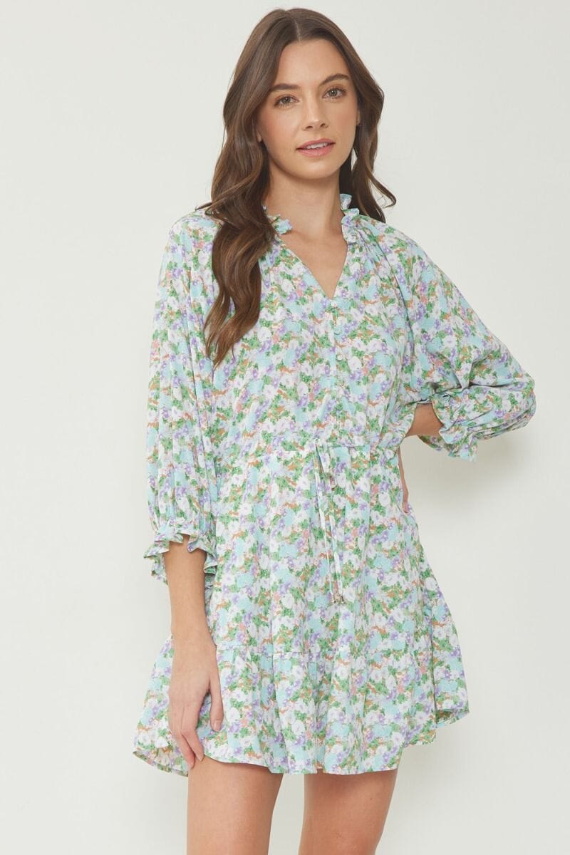 Floral Henley Dress with Drawstring Waist entro 