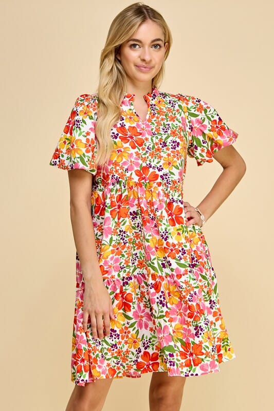 Floral Notch Neck Tiered Dress Les Amis 