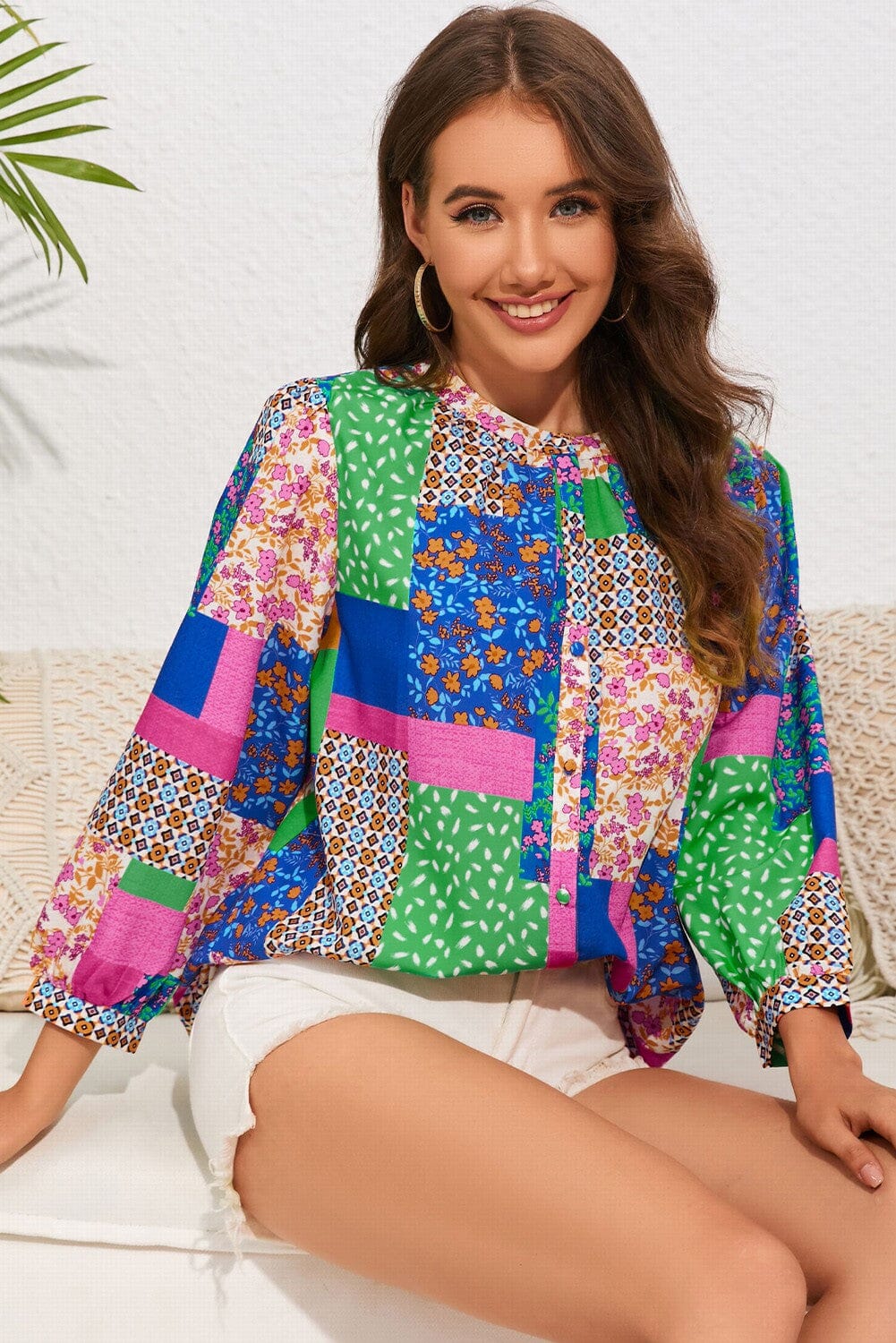 Floral Patchwork Print Buttoned Puff Sleeve Shirt Shewin 