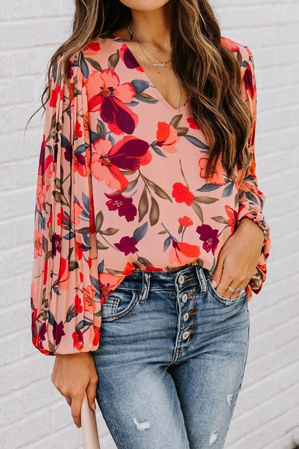 Floral Pleated Balloon Sleeve Blouse Kentce 