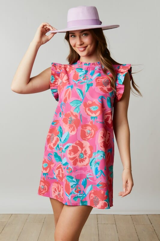 Floral Poplin Ruffle Sleeve Dress fantastic fawn 