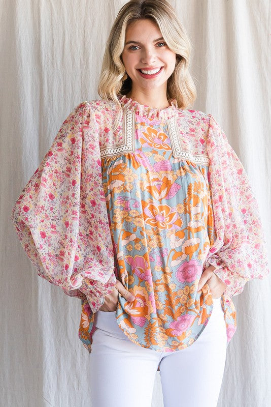 Floral Print Long Bubble Sleeves Top Jodifl 