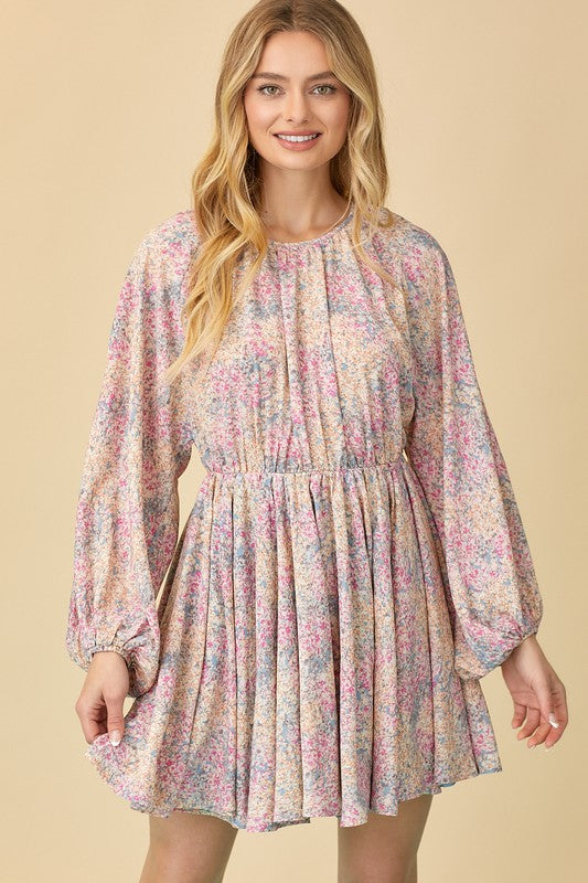Floral Print Mini with Balloon Sleeves Polagram 