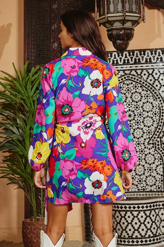 Floral Print Puff Long Sleeve Wrap Dress BucketList 