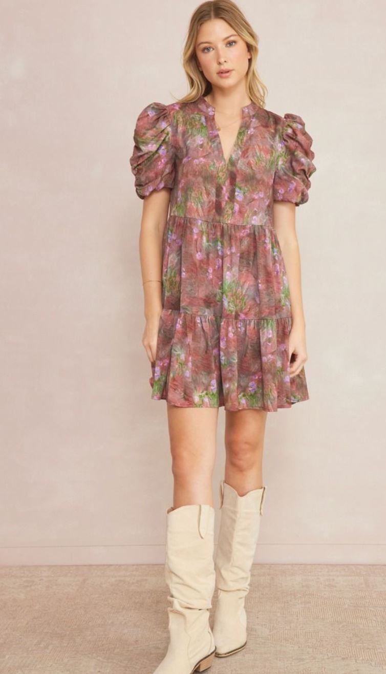 Floral Print Smock Sleeve Dress entro 