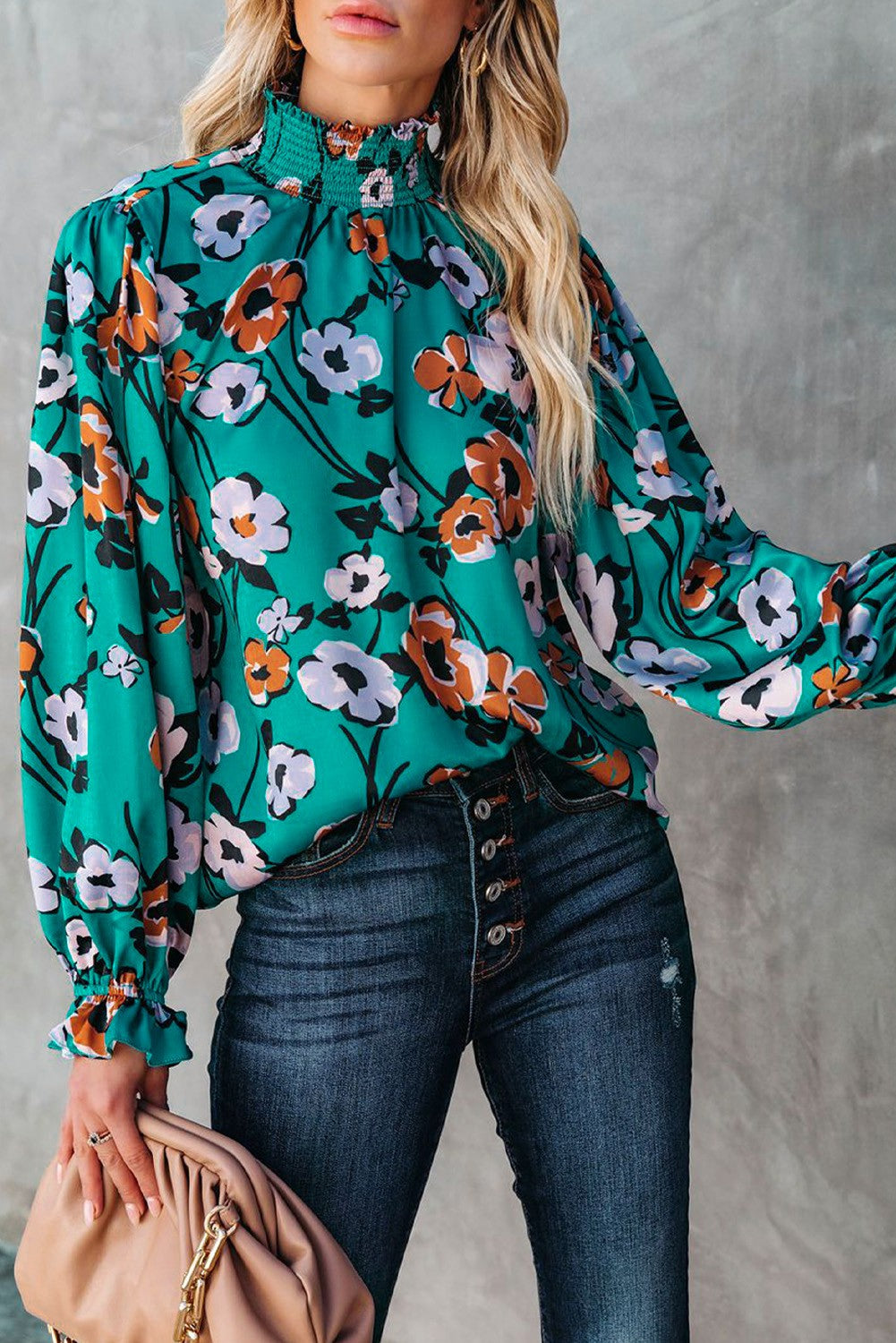 Floral Print Smocked Mock Neck Blouse Youmi 