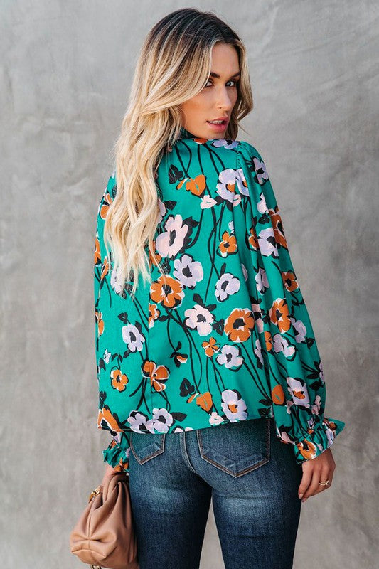 Floral Print Smocked Mock Neck Blouse Youmi 