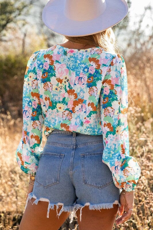 Floral Print Wrap Long Sleeve Bodysuit Kentce 