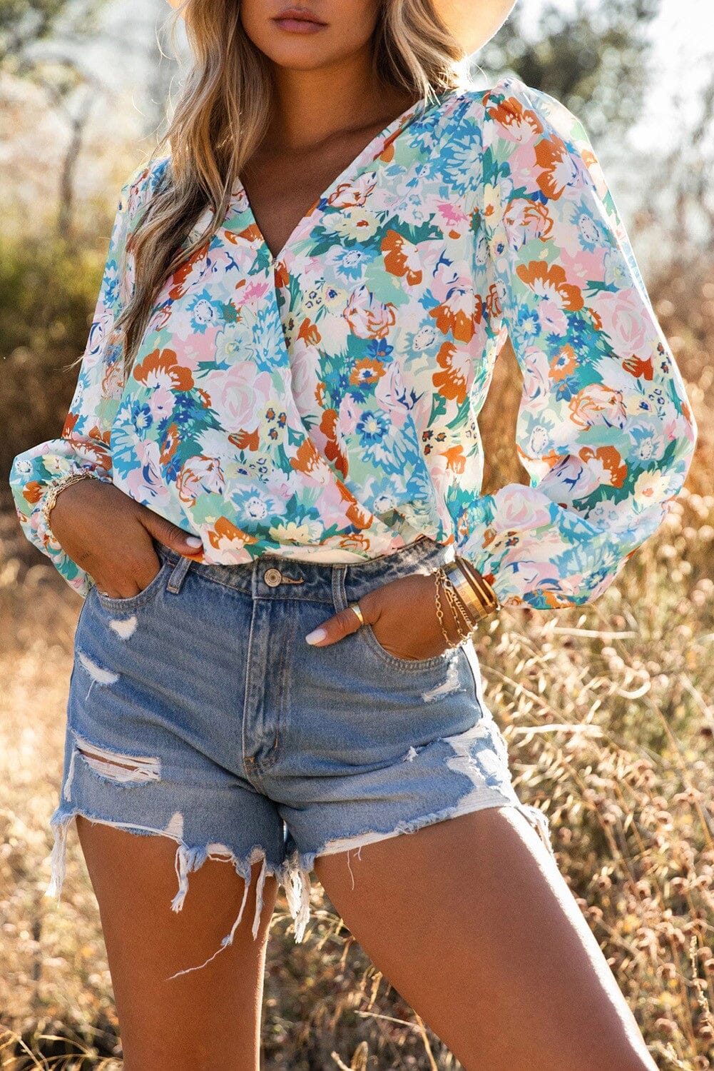 Floral Print Wrap Long Sleeve Bodysuit Kentce 