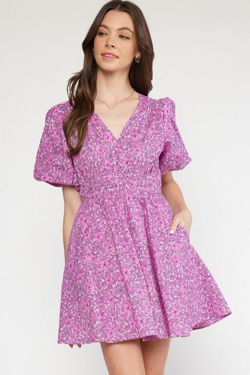 Floral Puff Sleeve A-Line Dress entro 